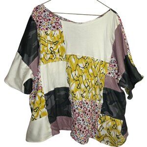 Upcycled Patchwork XL Blouse Unique Floral Green Yellow Oversize Lagenlook Top